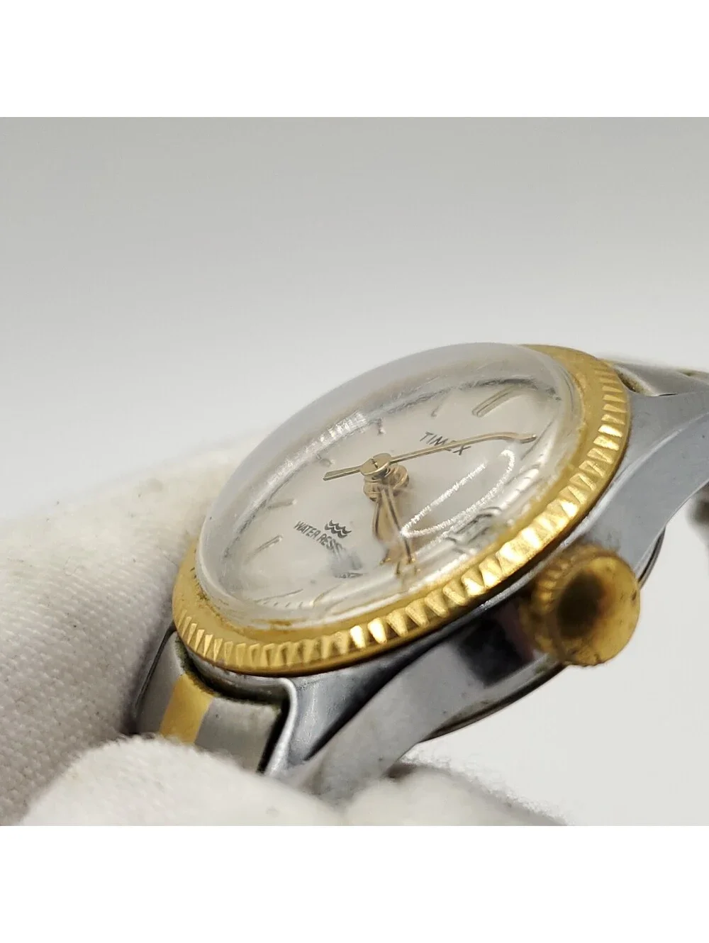 Timex Mechanical Date Dial Two-Tone Fluted Bezel Womens Watch 24mm Running